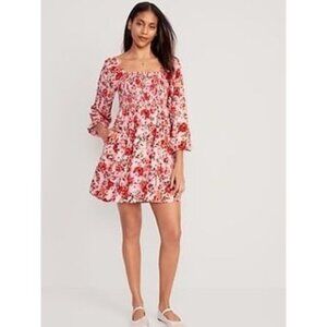 Pink Floral Elastic Smocked Dress Peasant Sleeve Square Neck Size M Petite Rayon